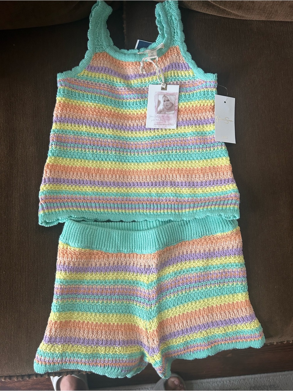 Jessica Simpson Pastel Rainbow Knit Tank & Shorts Set - Mint Trim